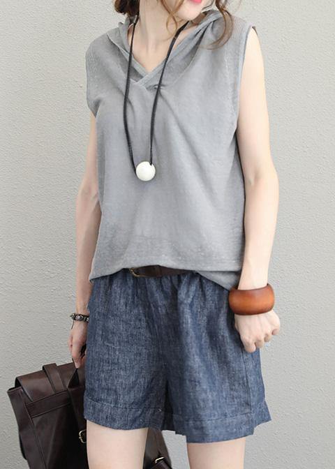 Bohemian light gray cotton Long Shirts Neckline hooded sleeveless top summer - bagstylebliss