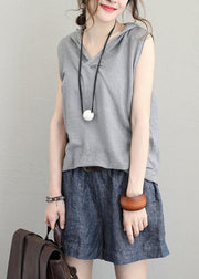 Bohemian light gray cotton Long Shirts Neckline hooded sleeveless top summer - bagstylebliss