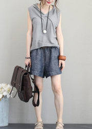 Bohemian light gray cotton Long Shirts Neckline hooded sleeveless top summer - bagstylebliss