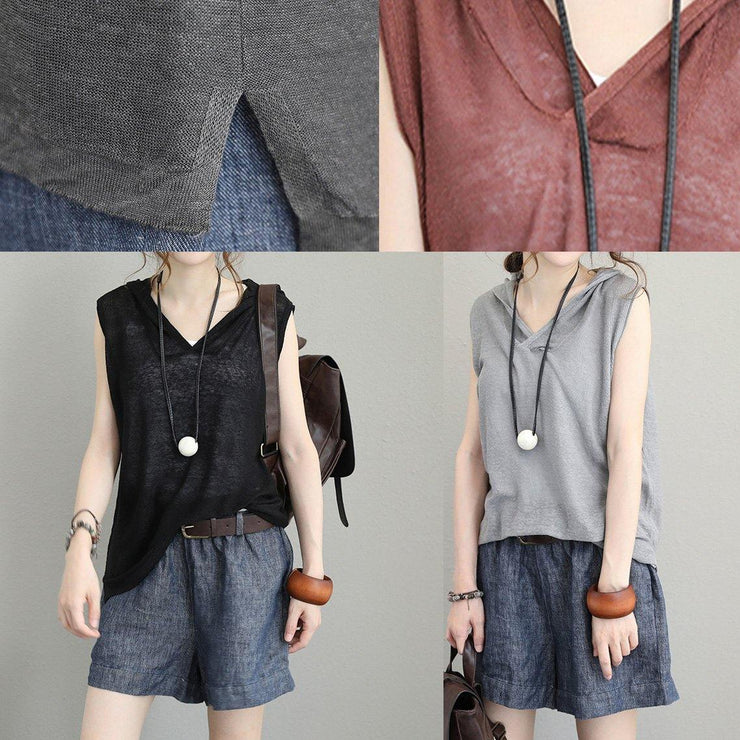 Bohemian light gray cotton Long Shirts Neckline hooded sleeveless top summer - bagstylebliss