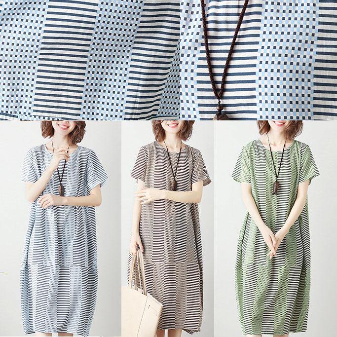 Bohemian light khaki striped Cotton tunics for women o neck patchwork cotton summer Dress - bagstylebliss