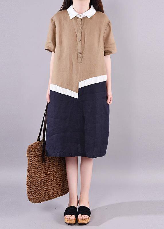 Bohemian linen clothes For Women Fitted Ramie Casual Polo Collar Short Sleeve A-Line Dress - bagstylebliss