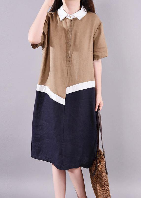 Bohemian linen clothes For Women Fitted Ramie Casual Polo Collar Short Sleeve A-Line Dress - bagstylebliss