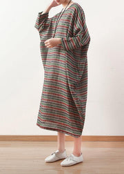 Bohemian o neck Batwing Sleeve linen dress pattern green striped  Dress - bagstylebliss