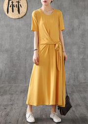 Bohemian o neck Bow cotton dress yellow Traveling Dresses summer - bagstylebliss