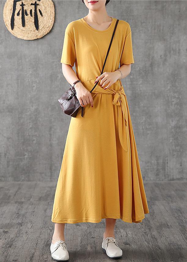 Bohemian o neck Bow cotton dress yellow Traveling Dresses summer - bagstylebliss