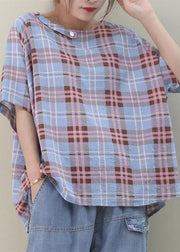 Bohemian o neck Button Down cotton summer tops women Sewing blue plaid blouses - bagstylebliss