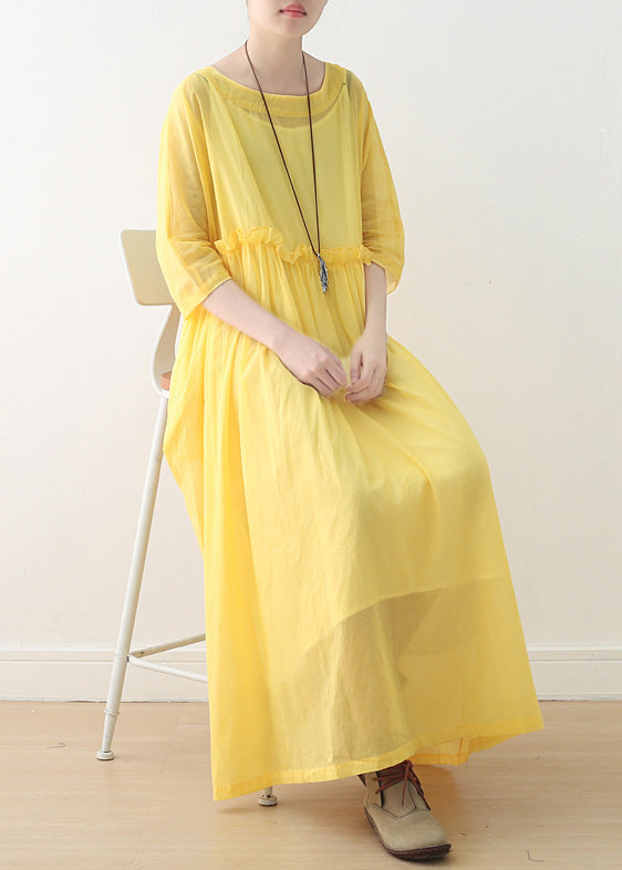 Bohemian o neck Half sleeve cotton dresses Stitches Fashion Ideas yellow Art Dress spring