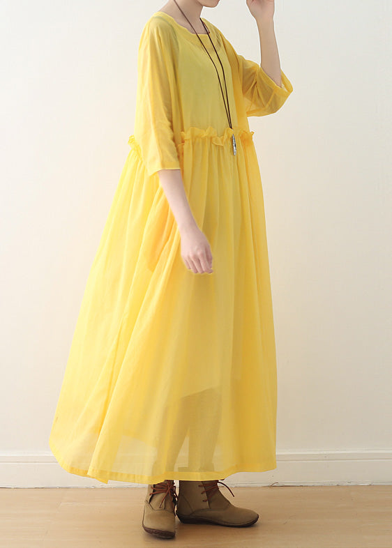 Bohemian o neck Half sleeve cotton dresses Stitches Fashion Ideas yellow Art Dress spring