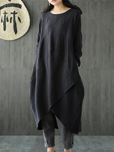 Bohemian o neck asymmetric linen cotton springLong Shirts Catwalk black Dresses - bagstylebliss