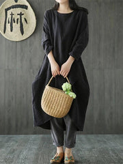 Bohemian o neck asymmetric linen cotton springLong Shirts Catwalk black Dresses - bagstylebliss