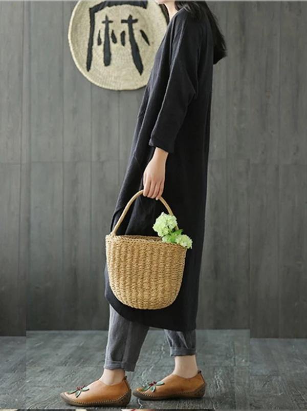 Bohemian o neck asymmetric linen cotton springLong Shirts Catwalk black Dresses - bagstylebliss