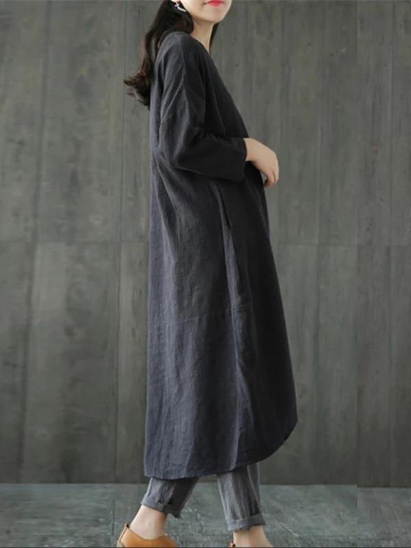 Bohemian o neck asymmetric linen cotton springLong Shirts Catwalk black Dresses - bagstylebliss