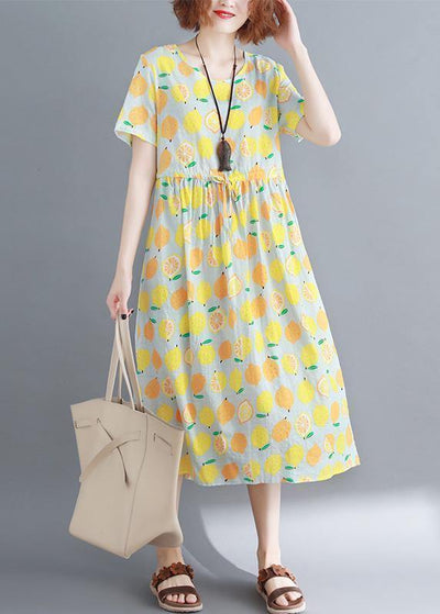 Bohemian o neck drawstring cotton clothes yellow print Traveling Dress summer - bagstylebliss