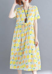 Bohemian o neck drawstring cotton clothes yellow print Traveling Dress summer - bagstylebliss