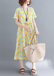 Bohemian o neck drawstring cotton clothes yellow print Traveling Dress summer - bagstylebliss