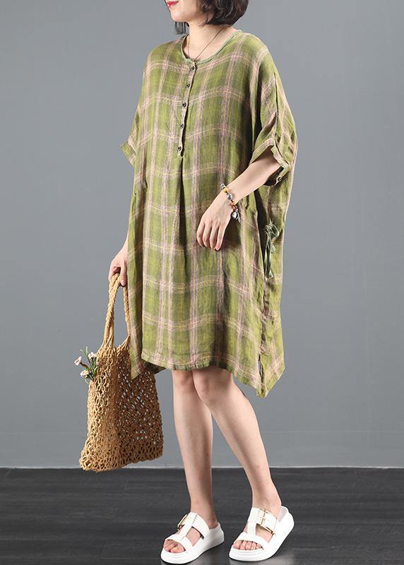 Bohemian o neck drawstring summer clothes Inspiration green plaid Dress - bagstylebliss