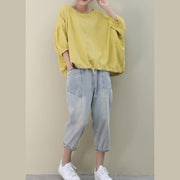 Bohemian o neck lantern sleeve linen box top Shirts yellow shirts - bagstylebliss