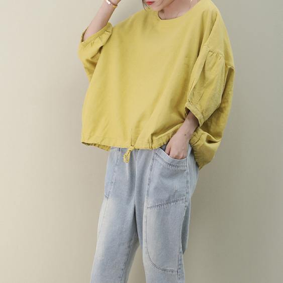 Bohemian o neck lantern sleeve linen box top Shirts yellow shirts - bagstylebliss