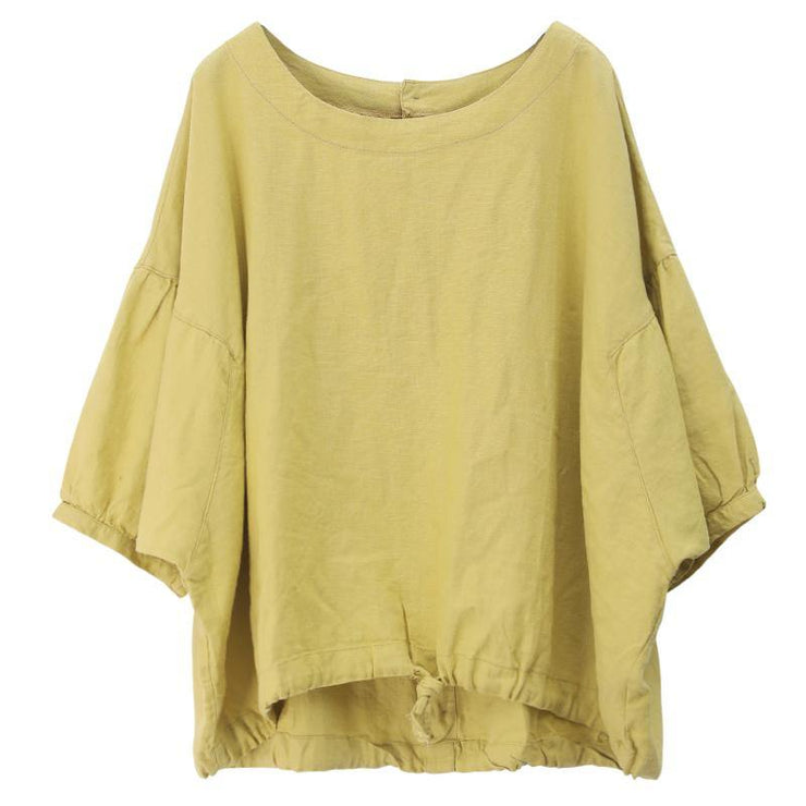 Bohemian o neck lantern sleeve linen box top Shirts yellow shirts - bagstylebliss