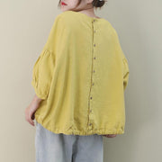 Bohemian o neck lantern sleeve linen box top Shirts yellow shirts - bagstylebliss