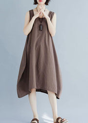 Bohemian o neck linen quilting dresses Fashion Ideas khaki sleeveless Dress summer - bagstylebliss