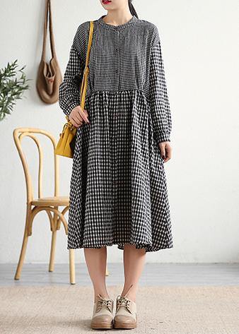 Bohemian o neck patchwork cotton linen Long Shirts Work Outfits black plaid Dress - bagstylebliss