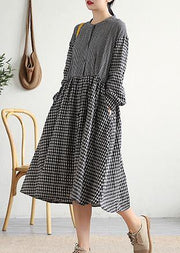 Bohemian o neck patchwork cotton linen Long Shirts Work Outfits black plaid Dress - bagstylebliss