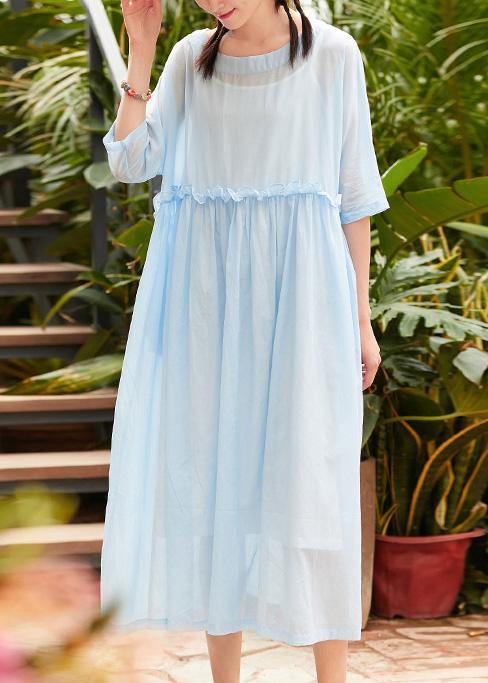 Bohemian o neck patchwork linen cotton clothes Catwalk light blue Dress summer - bagstylebliss