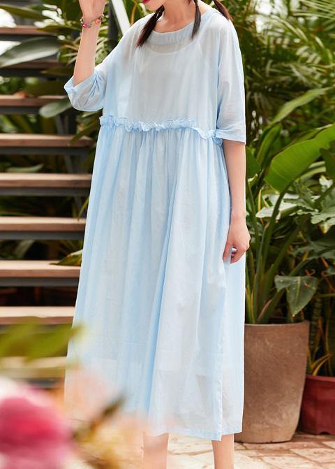 Bohemian o neck patchwork linen cotton clothes Catwalk light blue Dress summer - bagstylebliss