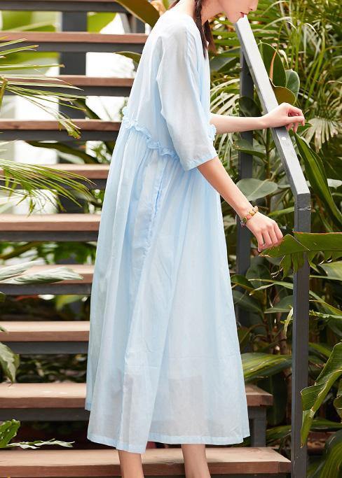 Bohemian o neck patchwork linen cotton clothes Catwalk light blue Dress summer - bagstylebliss