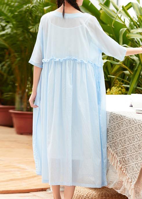 Bohemian o neck patchwork linen cotton clothes Catwalk light blue Dress summer - bagstylebliss