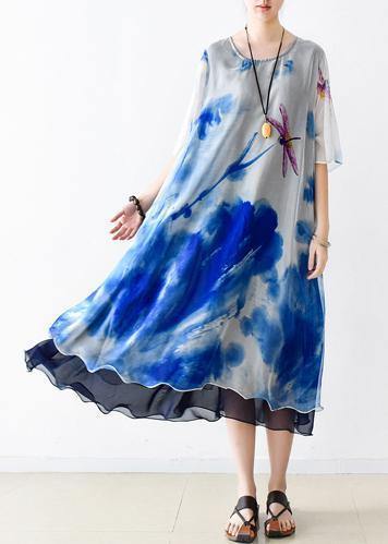 Bohemian o neck pockets chiffon Long Shirts Indian Sleeve blue print Dress Summer - bagstylebliss