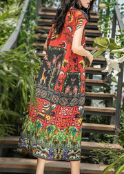 Bohemian o neck side open silk dress pattern multicolor Dress summer - bagstylebliss