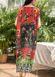 Bohemian o neck side open silk dress pattern multicolor Dress summer - bagstylebliss