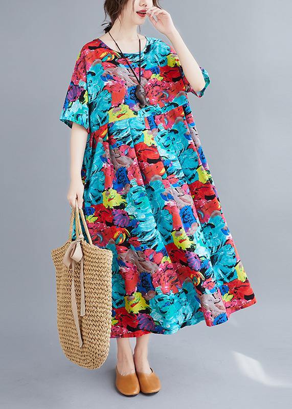 Bohemian o neck summer dresses Sewing red blue print Dress - bagstylebliss