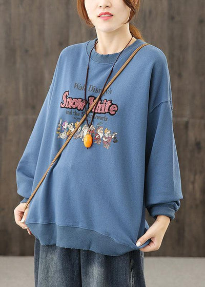 Bohemian o neck top silhouette Shape blue Cartoon print top - bagstylebliss