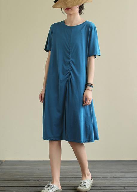 Bohemian o neck Cinched Cotton summer dress Sewing blue Dresses - bagstylebliss