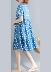 Bohemian o neck Cinched cotton linen blue print Dresses summer - bagstylebliss