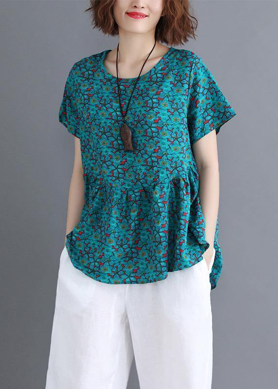 Sold Out-Bohemian o neck Cinched cotton shirts Wardrobes green print blouse summer - bagstylebliss