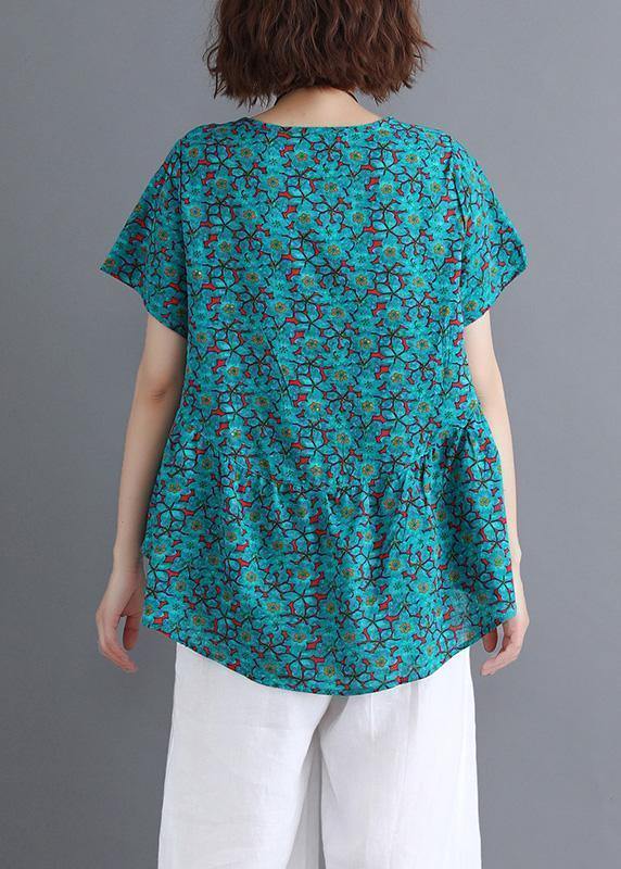 Sold Out-Bohemian o neck Cinched cotton shirts Wardrobes green print blouse summer - bagstylebliss