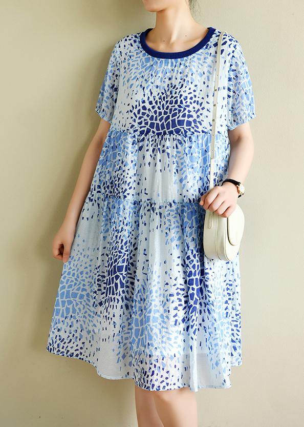 Bohemian o neck Cinched summer Tunics Fashion Ideas blue print Dresses - bagstylebliss