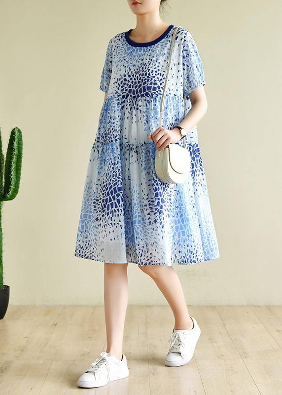 Bohemian o neck Cinched summer Tunics Fashion Ideas blue print Dresses - bagstylebliss