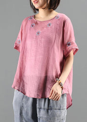 Bohemian pink embroidery tops Work Outfits o neck shirts - bagstylebliss