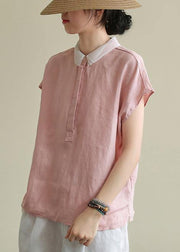 Bohemian pink linen clothes lapel side open short top - bagstylebliss