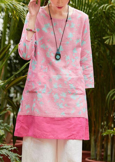 Bohemian pink print linen clothes For Women o neck pockets daily summer Dress - bagstylebliss