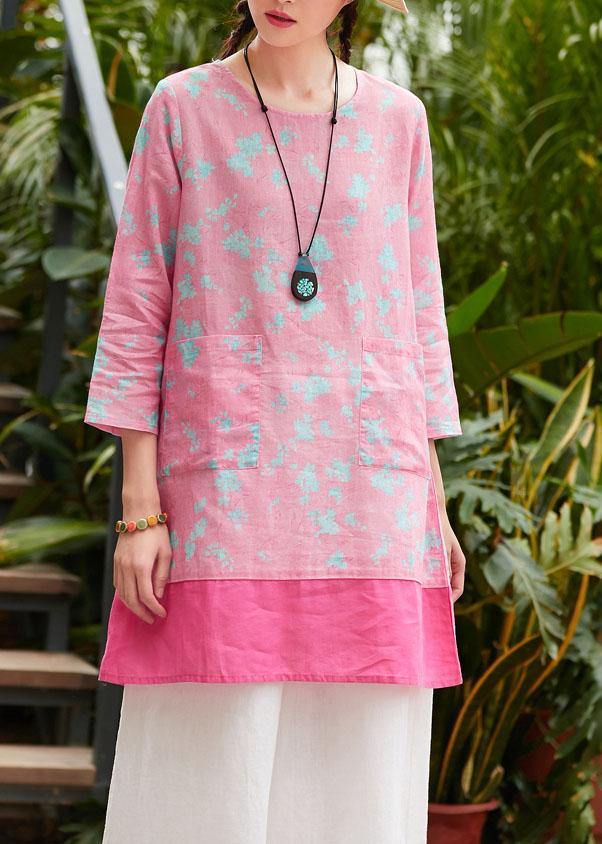 Bohemian pink print linen clothes For Women o neck pockets daily summer Dress - bagstylebliss