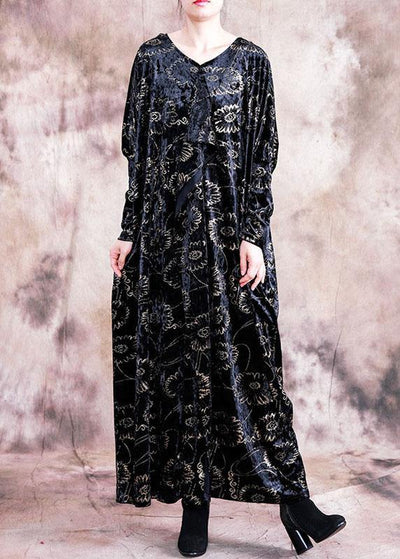 Bohemian prints velour dresses Work black v neck Kaftan Dress fall - bagstylebliss