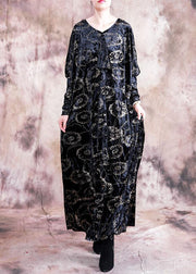 Bohemian prints velour dresses Work black v neck Kaftan Dress fall - bagstylebliss