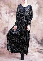 Bohemian prints velour dresses Work black v neck Kaftan Dress fall - bagstylebliss